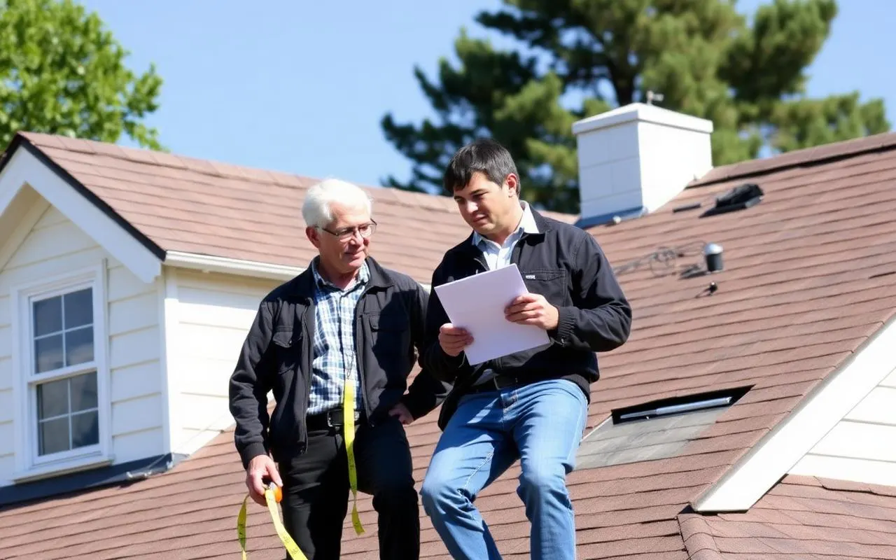 Dan and an adjuster on a roof with a measuring tape