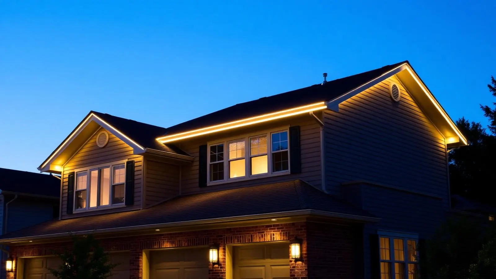 House at dusk with permanent eave lighting on — warm white