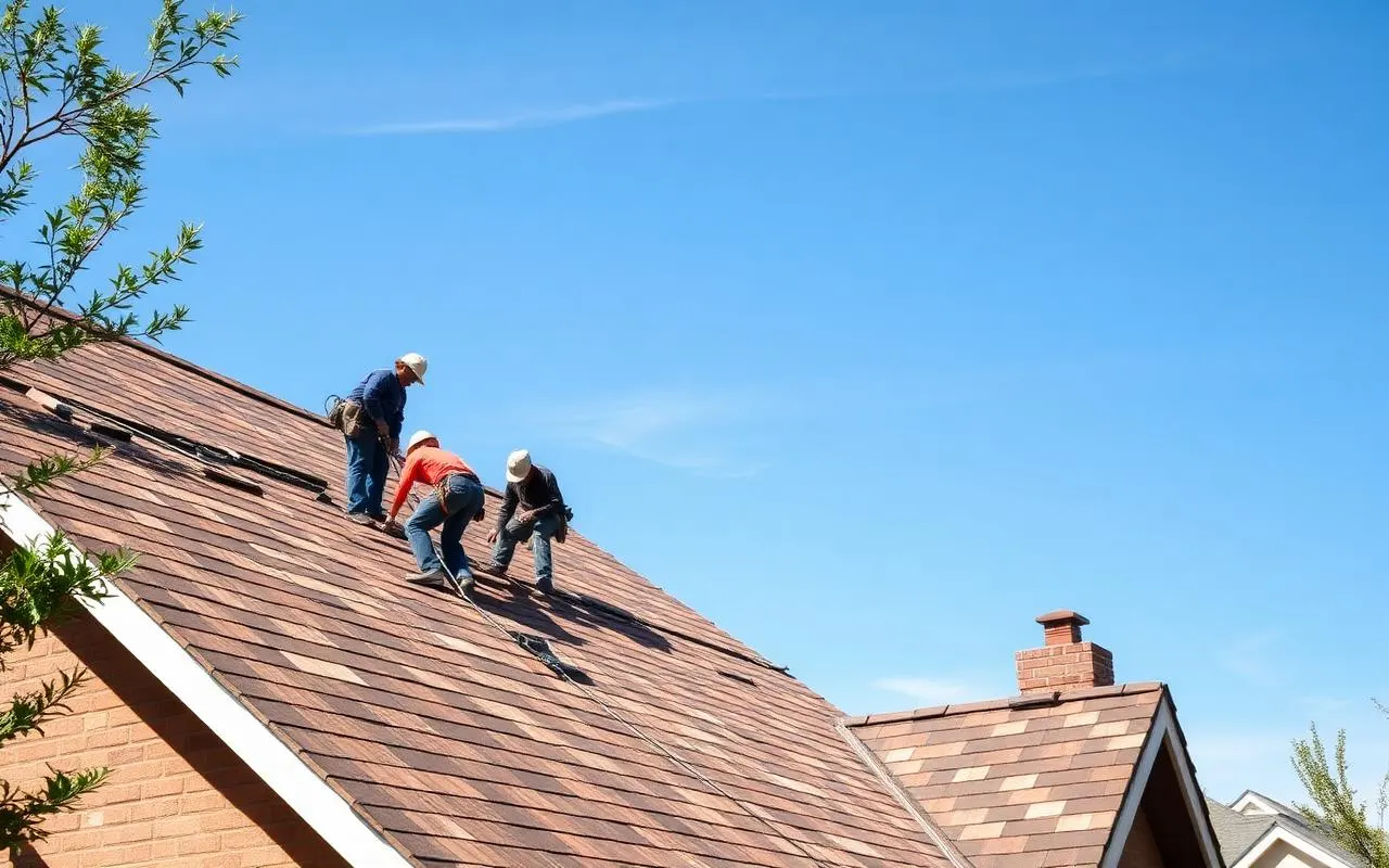 Tear-off in progress, crew on a Parker roof